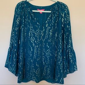 Lilly Pulitzer Turquoise and Gold Metallic Blouse